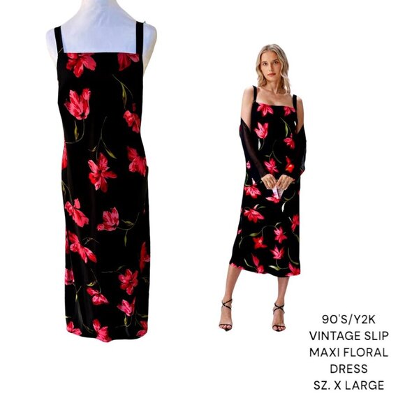 90'S Y2K SLIP DRESS VINTAGE EXPRESSIONS FLORAL MAXI BLACK/RED DRESS SIZE X LARGE - Picture 1 of 4